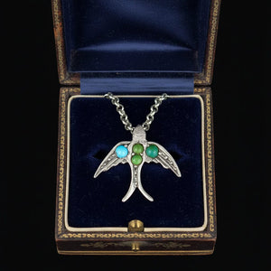 Antique Sterling Silver Turquoise Garnet Swallow Bird Brooch - Boylerpf