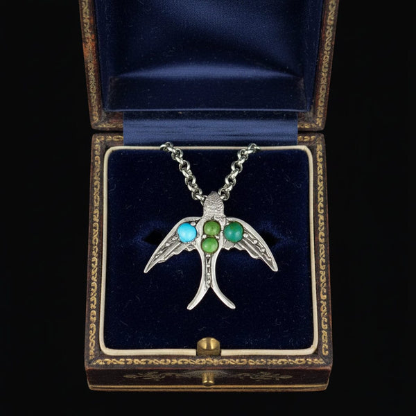 Antique Sterling Silver Turquoise Garnet Swallow Bird Brooch - Boylerpf