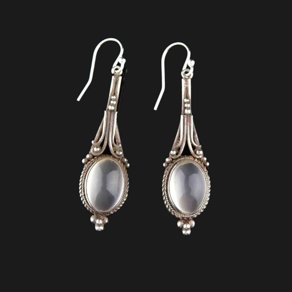 Vintage Moonstone Cabochon Silver Drop Earrings - Boylerpf