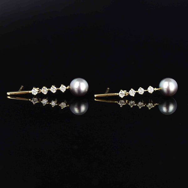 Fine 14K Gold Diamond Gray Pearl Dangle Earrings - Boylerpf