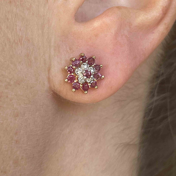 Vintage 10K Gold Diamond Ruby Cluster Stud Earrings - Boylerpf