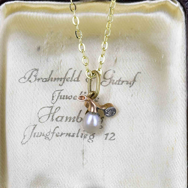 Antique Edwardian 14K Gold Diamond Pearl Charm Pendant Necklace - Boylerpf