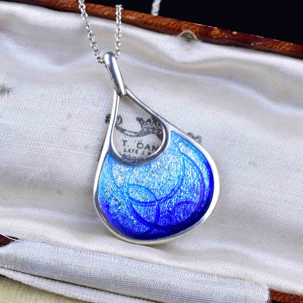 Silver Blue Guilloche Enamel Art Nouveau Style Pendant Necklace - Boylerpf