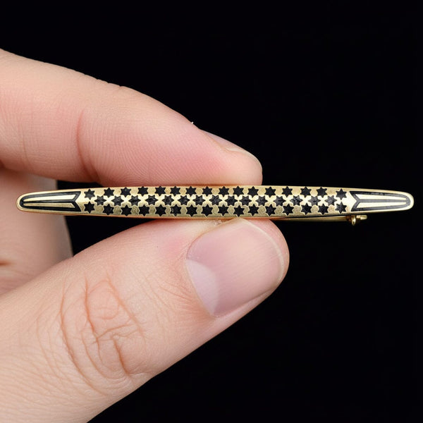 Vintage Black Enamel Star Gold Gilt Silver Bar Brooch