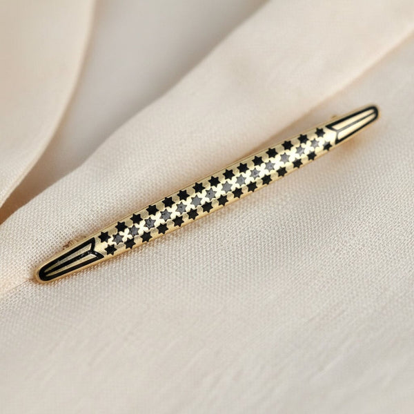 Vintage Black Enamel Star Gold Gilt Silver Bar Brooch