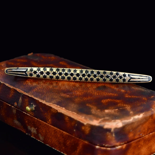 Vintage Black Enamel Star Gold Gilt Silver Bar Brooch