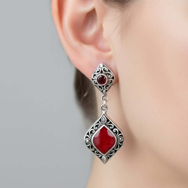 Vintage Sterling Silver Jasper Garnet Drop Earrings