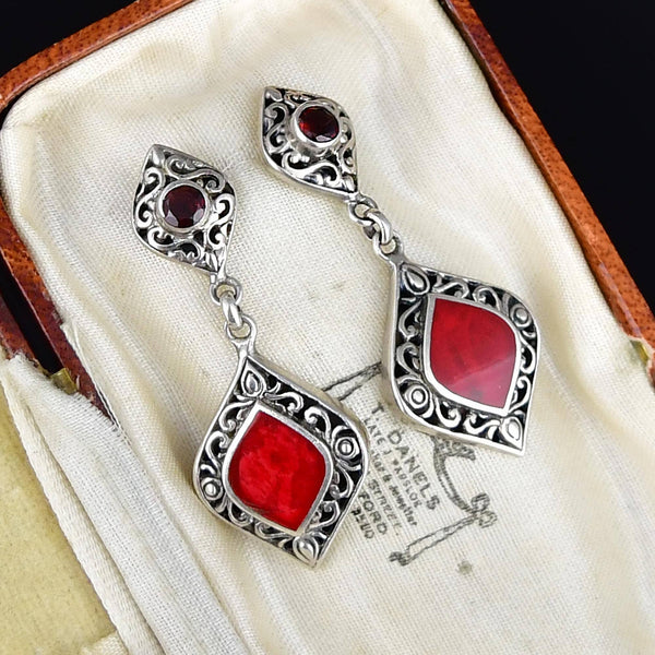 Vintage Sterling Silver Jasper Garnet Drop Earrings
