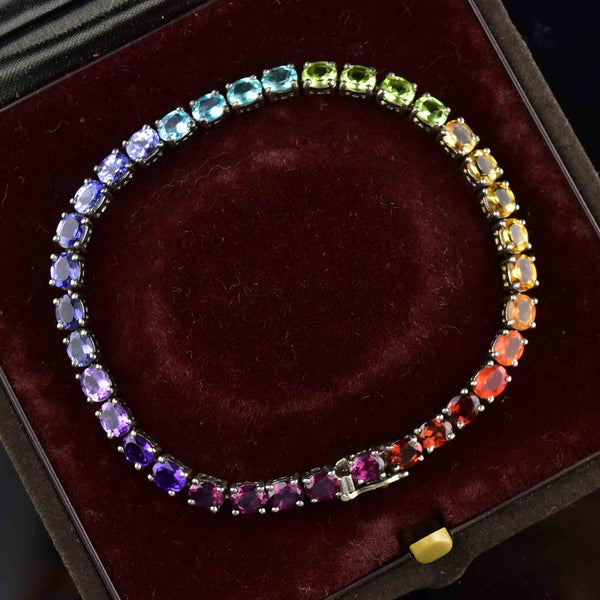 Vintage Silver Rainbow Gemstone Art Deco Style Tennis Bracelet - Boylerpf
