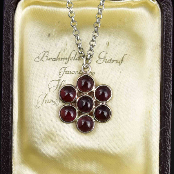 Vintage Silver Garnet Cabochon Starburst Pendant Necklace - Boylerpf