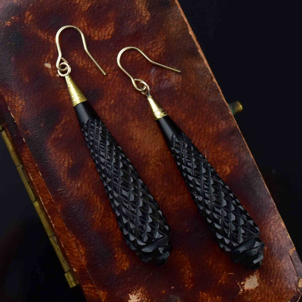 Antique Victorian Gold Carved Whitby Jet Earrings - Boylerpf