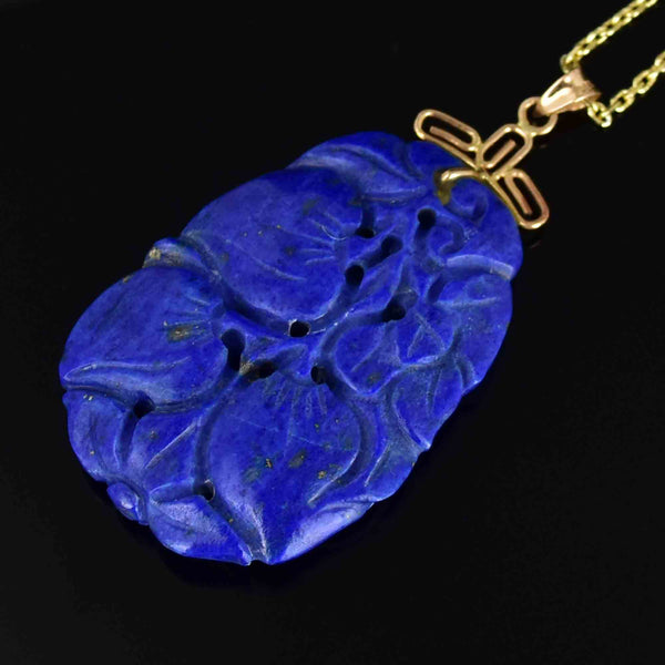 Vintage 14K Gold Carved Lapis Lazuli Flower Pendant Necklace - Boylerpf