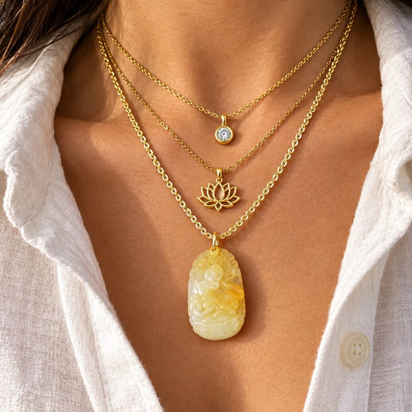Vintage Gold Carved Yellow Jade Year of The Rat Necklace