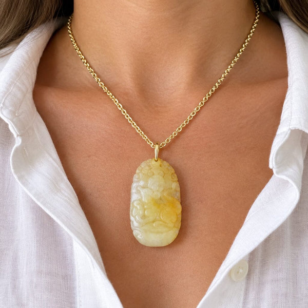 Vintage Gold Carved Yellow Jade Year of The Rat Necklace