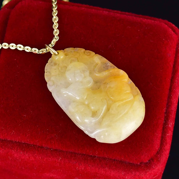 Vintage Gold Carved Yellow Jade Year of The Rat Necklace
