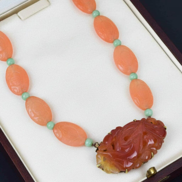 Vintage 14K Gold Jade Carved Phoenix Carnelian Necklace - Boylerpf