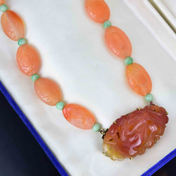 Vintage 14K Gold Carved Phoenix Tangerine Green Jade Necklace - Boylerpf