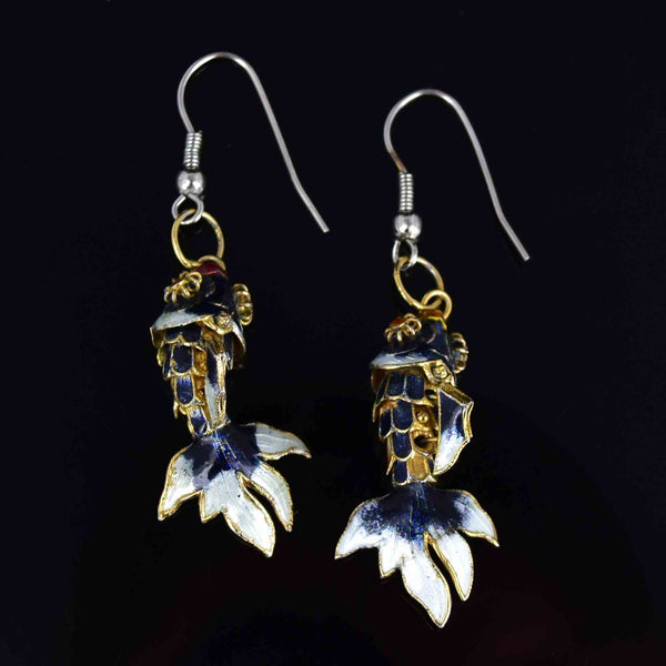 Vintage Gold Vermeil Blue Enamel Koi Fish Earrings - Boylerpf