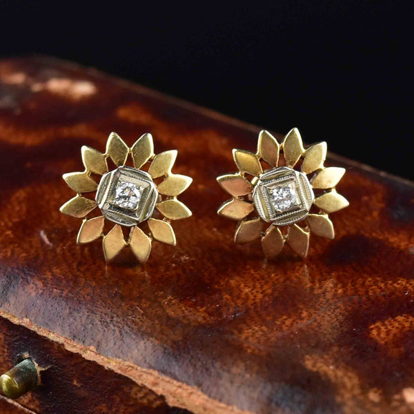 Antique 14K Gold Diamond Flower Stud Earrings - Boylerpf