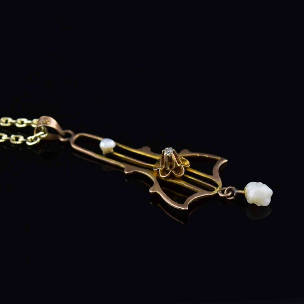 Antique Edwardian 10K Gold Diamond Pearl Lavaliere Necklace - Boylerpf