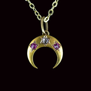 Antique 14K Gold Ruby Diamond Crescent Moon Pendant Necklace - Boylerpf