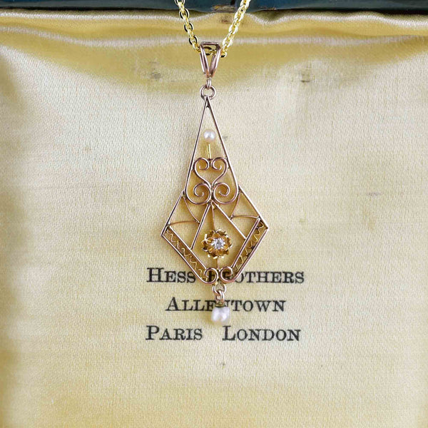 Edwardian 10K Rose Gold Pearl Diamond Lavaliere Necklace - Boylerpf