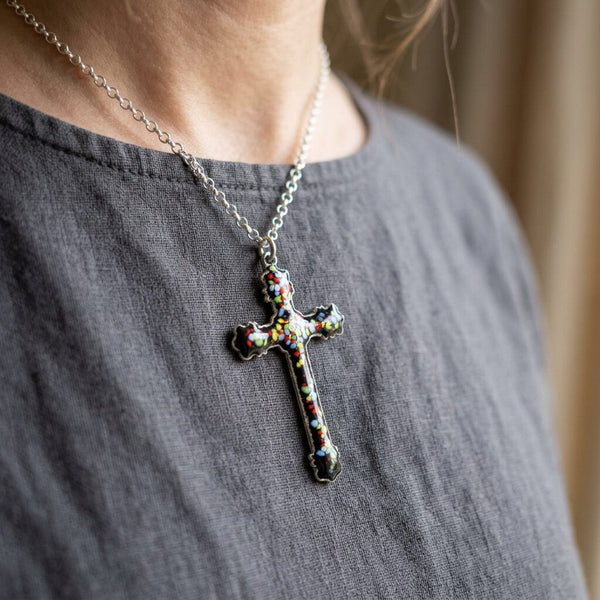 Vintage Enamel Sterling Silver Engraved Cross Necklace - Boylerpf