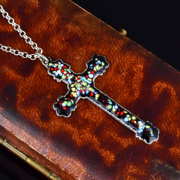 Vintage Enamel Sterling Silver Engraved Cross Necklace - Boylerpf