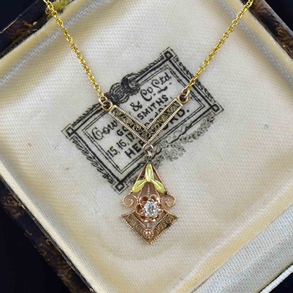 Antique Edwardian Filigree 10K Gold Buttercup Diamond Necklace - Boylerpf