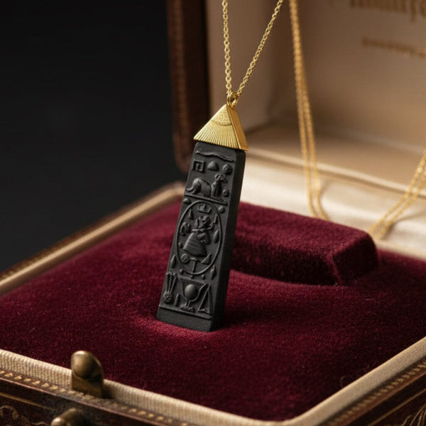 Vintage Black Wedgwood Carved Egyptian Pendant Necklace - Boylerpf