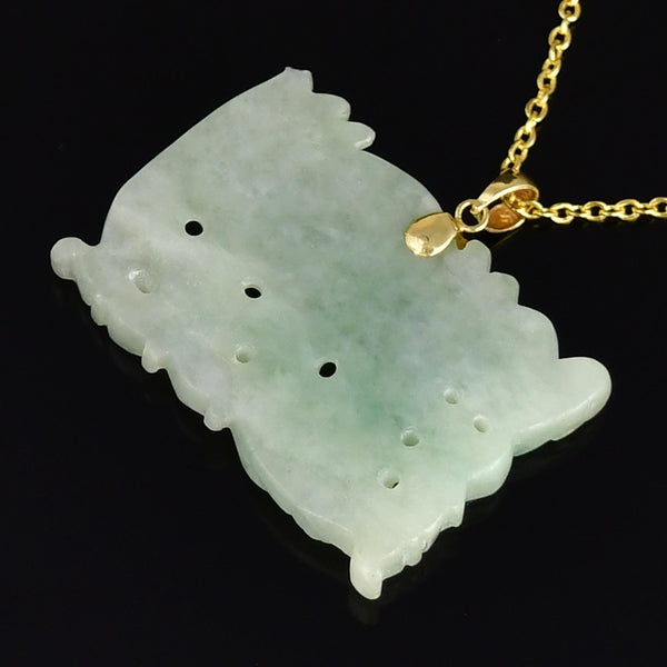 14K Gold Large Carved Jadeite Dragon Pendant Necklace