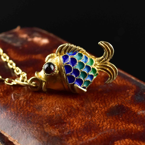 Vintage Gold Vermeil Garnet Enamel Sun Fish Necklace - Boylerpf