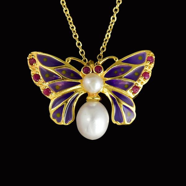 Plique a Jour Enamel Pearl Ruby Butterfly Brooch Pendant