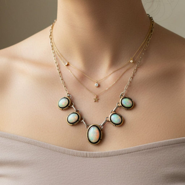 Vintage Opal Sterling Silver Gold Filled Necklace