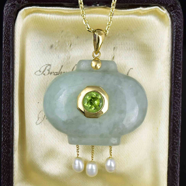 Vintage 14K Gold Carved Jade Peridot Pearl Pendant Necklace - Boylerpf