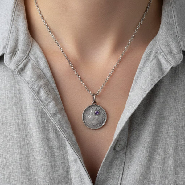 Vintage Three Pence Amethyst King George Coin Necklace - Boylerpf