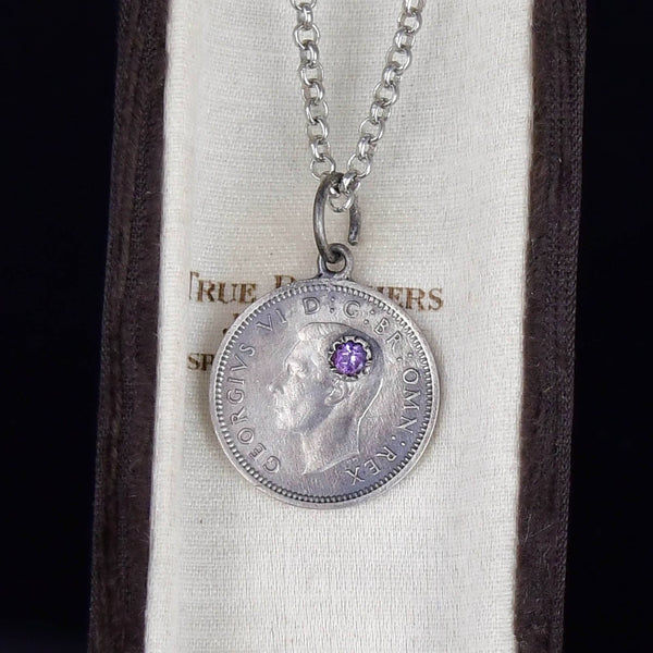 Vintage Three Pence Amethyst King George Coin Necklace - Boylerpf