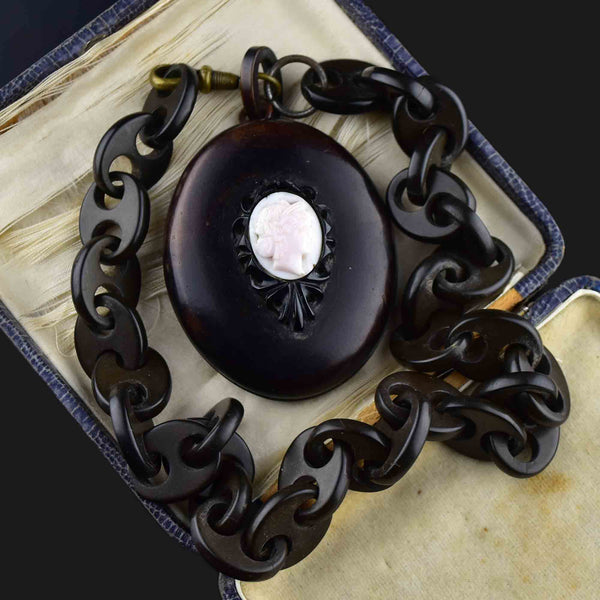 Antique Victorian Vulcanite Cameo Locket Necklace - Boylerpf