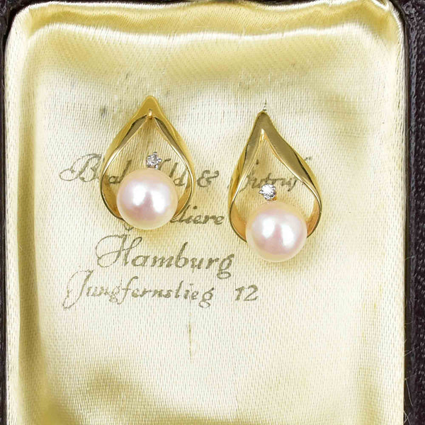 Vintage Diamond Pearl Stud Earrings in 14K Gold - Boylerpf