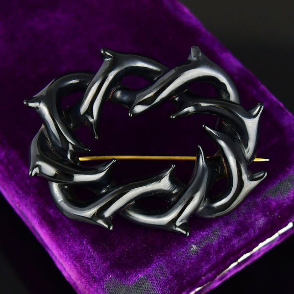Antique Crown of Thorns Wreath Whitby Jet Mourning Brooch - Boylerpf