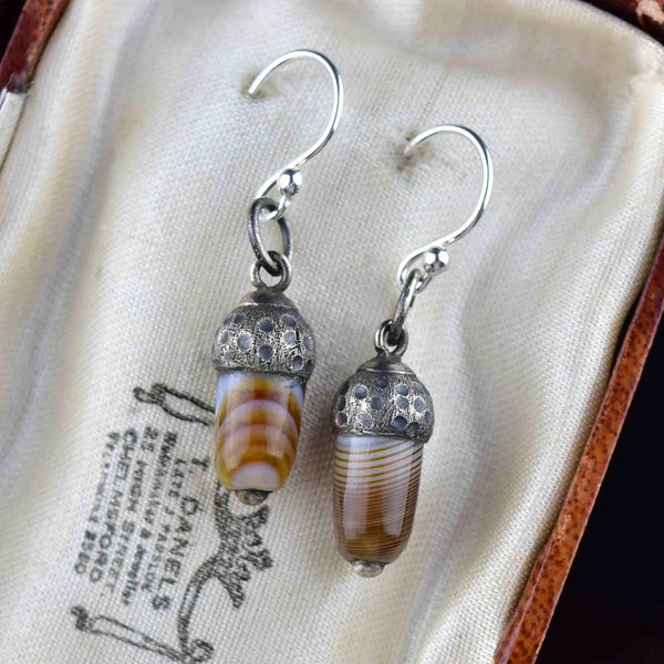 Silver Banded Agate Acorn Drop Earrings - Boylerpf