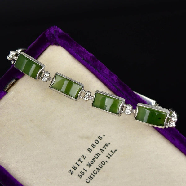 Vintage Sterling Silver Green Agate Hinged Link Bracelet