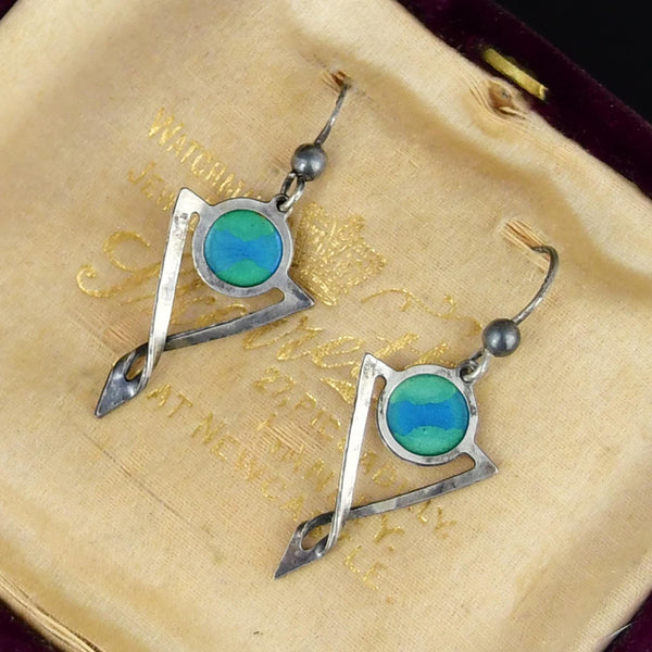 Vintage Enamel Sterling Silver Drop Earrings