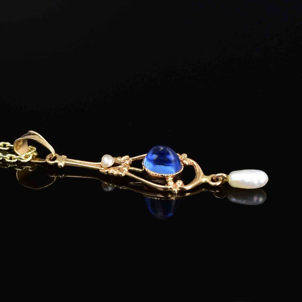 18K Gold Art Nouveau Blue Sapphire Pearl Lavaliere Necklace - Boylerpf