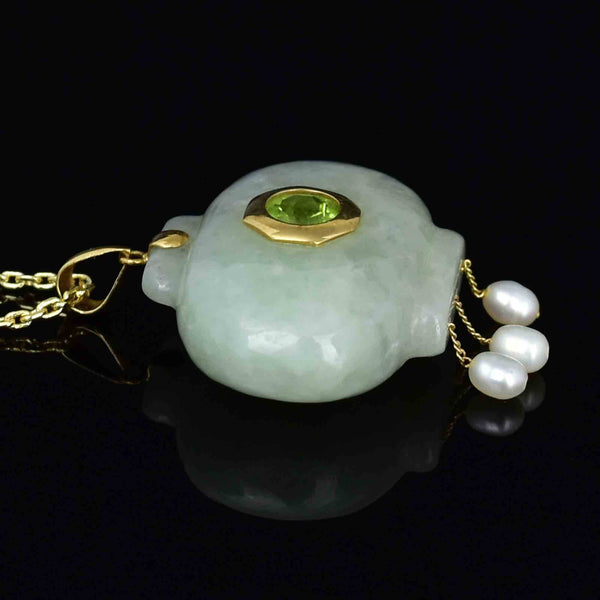 Vintage 14K Gold Carved Jade Peridot Pearl Pendant Necklace - Boylerpf