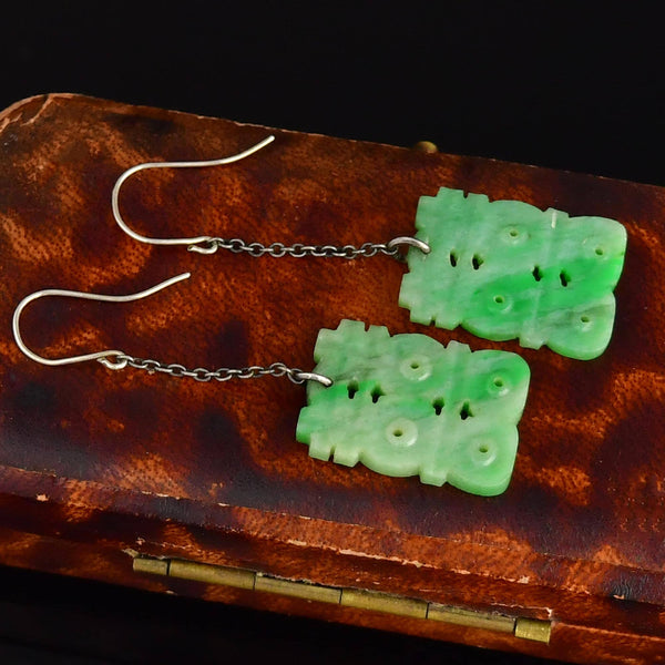 Vintage Carved Jade Zodiac Silver Chain Drop Earrings - Boylerpf
