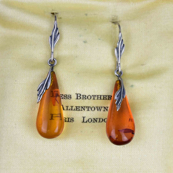 Arts and Crafts Style Silver Leaf Amber Cabochon Drop Earrings - Boylerpf