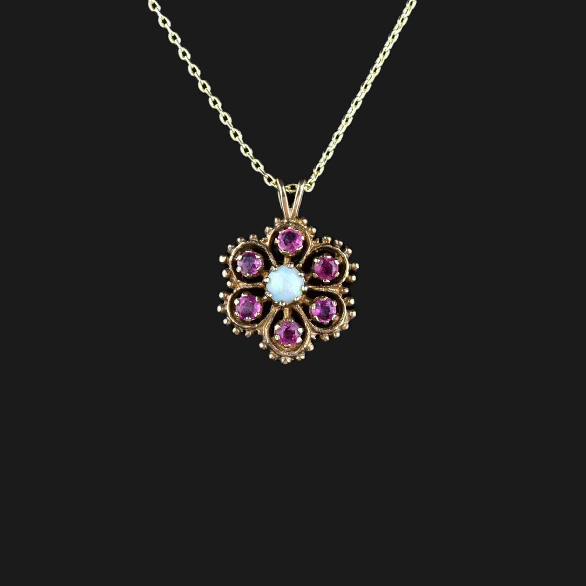 9K Gold Ruby Opal Floral Cluster Pendant Necklace – Boylerpf