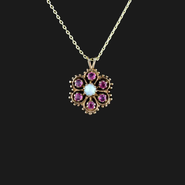 9K Gold Ruby Opal Floral Cluster Pendant Necklace - Boylerpf