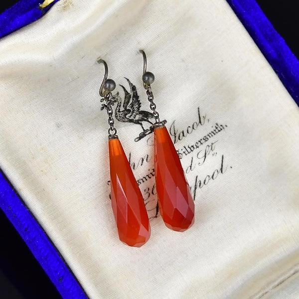 Edwardian Silver Faceted Carnelian Drop Earrings